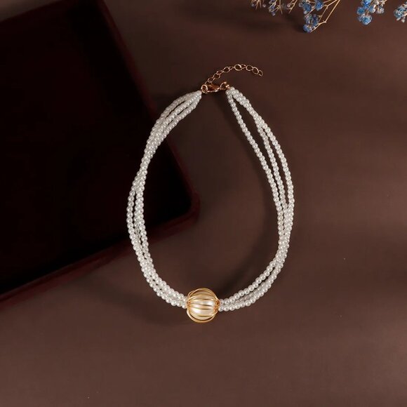 3/$35 Elegant Multi-Strand Faux Pearl Choker Vintage Style Gold Ball Bead Bride - Picture 5 of 10
